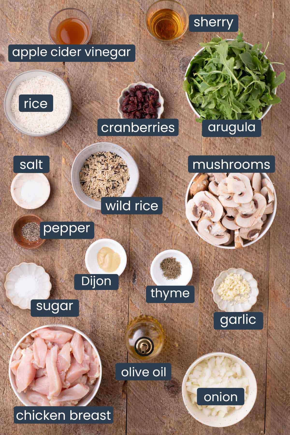 Ingredients for warm chicken and rice salad, including chicken breast, white and wild rice, mushrooms, cranberries, arugula, onion, garlic, sherry, olive oil, apple cider vinegar, Dijon, thyme, salt, pepper, and sugar.
