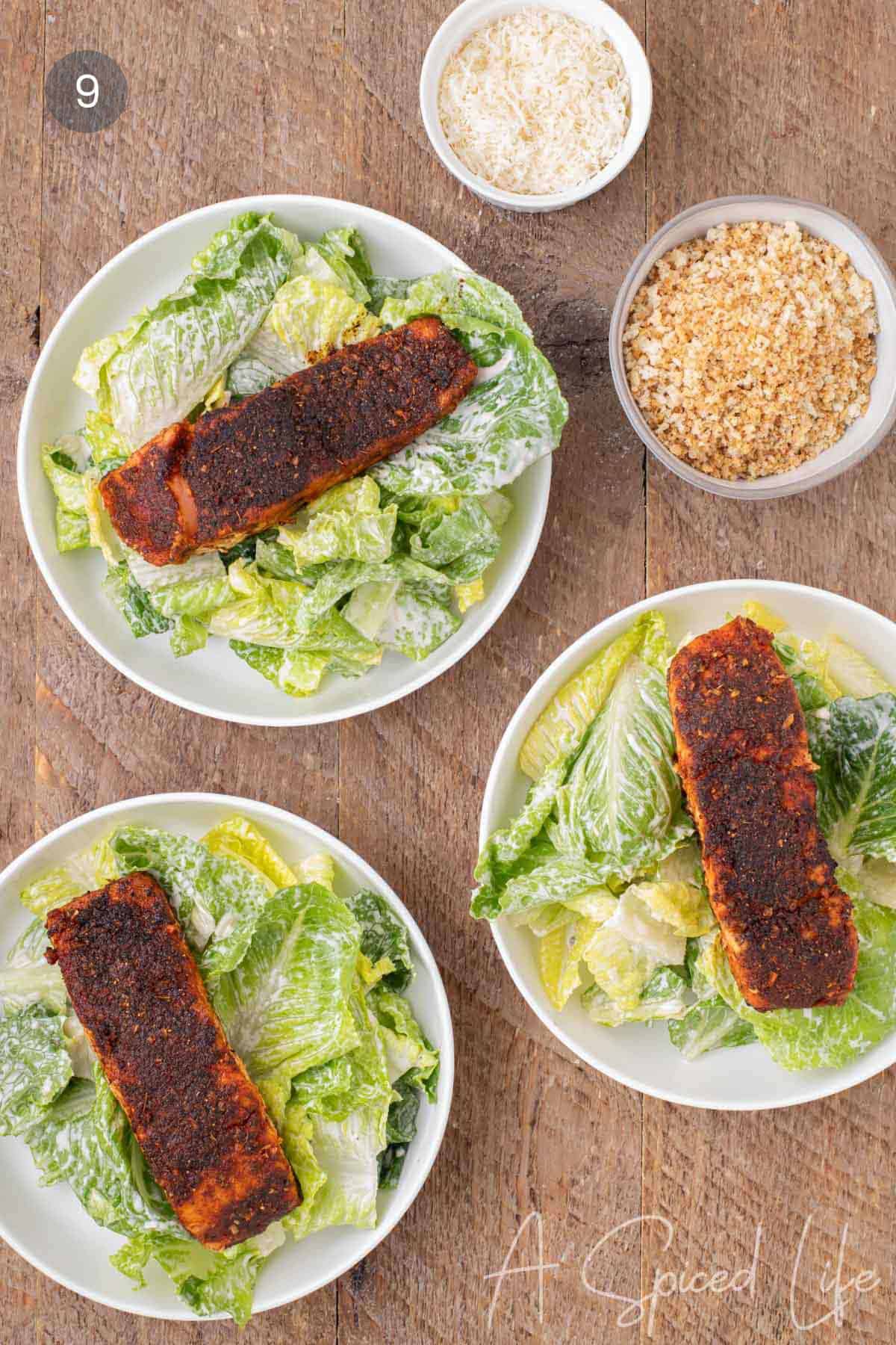 Blackened salmon served over Caesar salad and topped with crunchy Parmesan-panko crumbs.