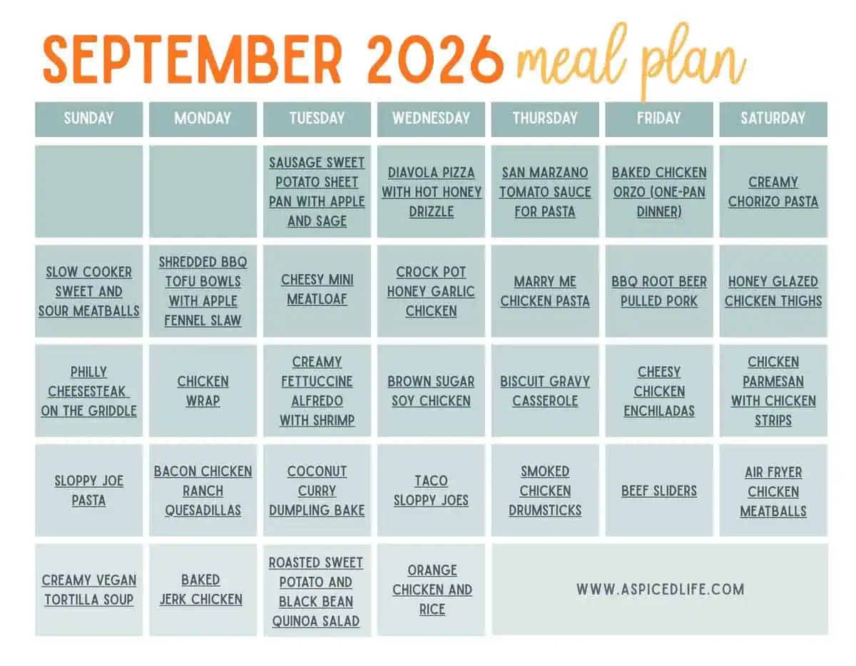 September 2026 monthly meal plan calendar featuring 30 family dinner recipes organized by day of the month.