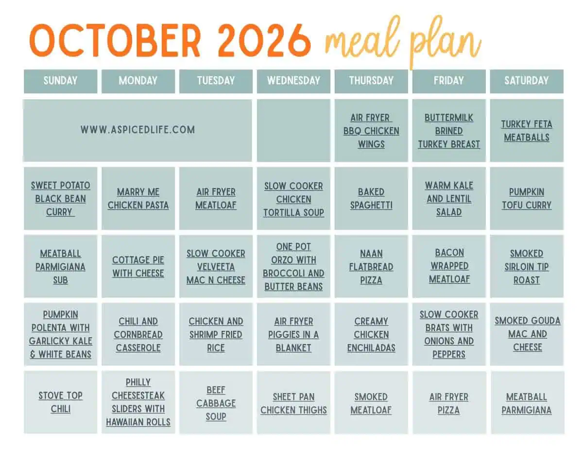 October 2026 meal plan calendar with 31 dinner ideas for the month.