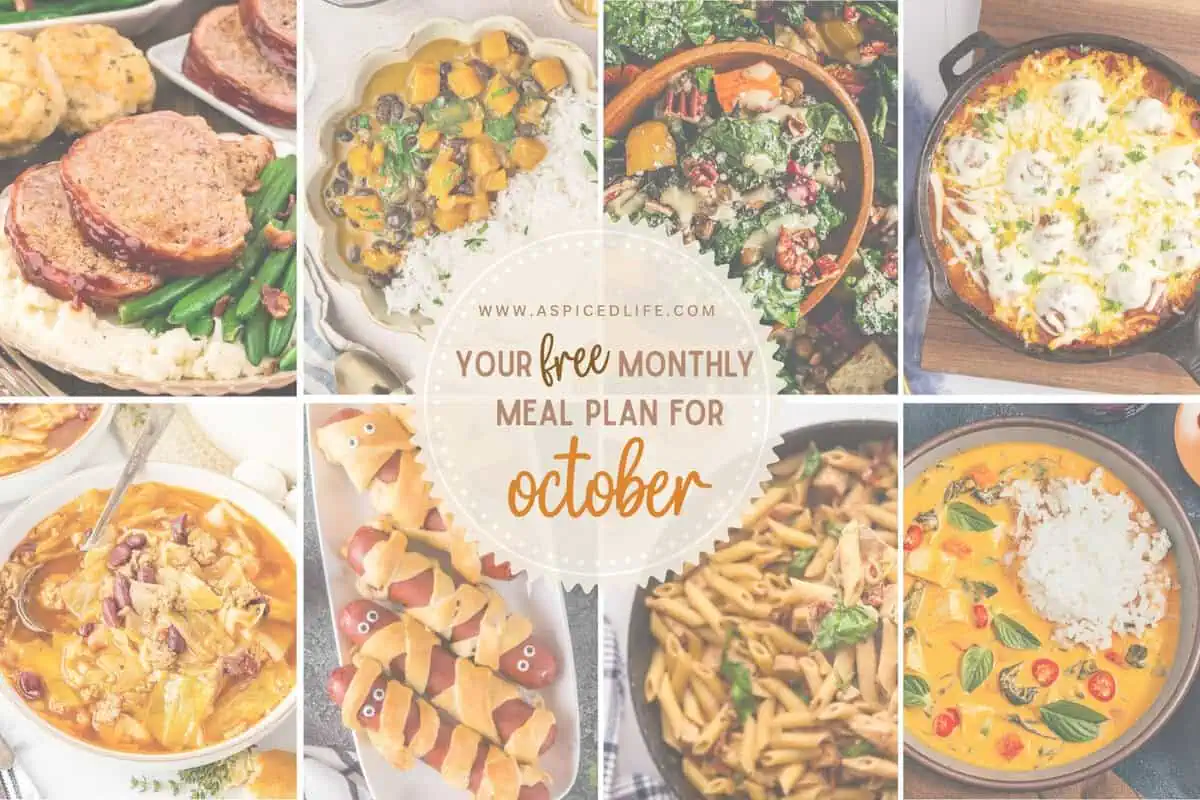 October monthly meal plan collage featuring fall dinner recipes and a free October meal plan graphic.