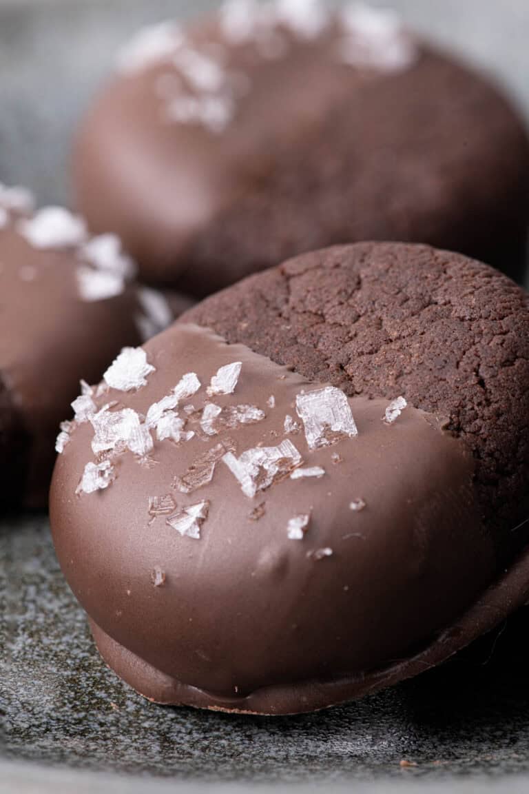 Close-up of a chocolate cookie half dipped in smooth chocolate and topped with large flakes of salt.