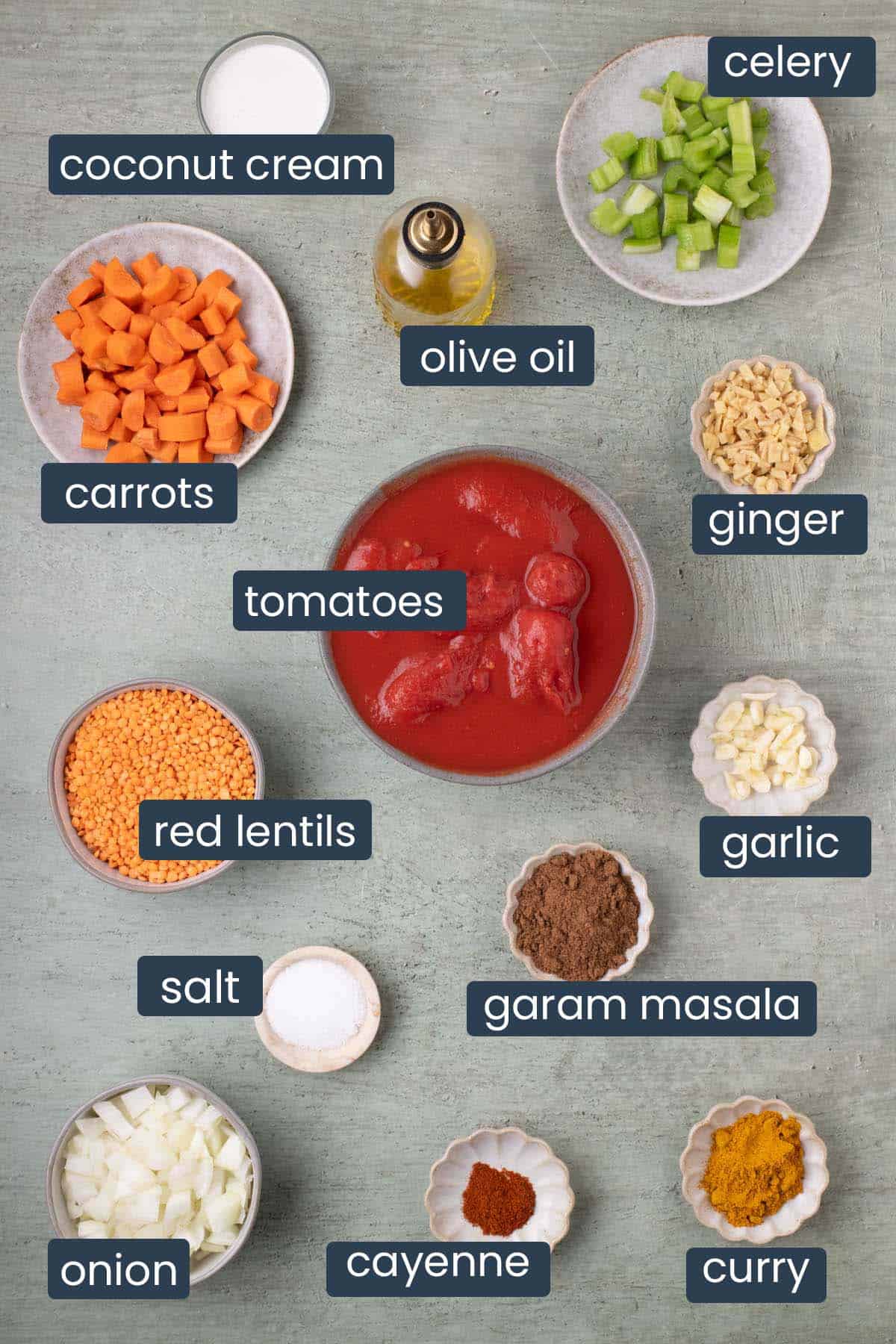 Ingredients for spiced red lentil stew with ginger, including tomatoes, red lentils, onion, carrots, celery, garlic, ginger, curry powder, cayenne, garam masala, olive oil, salt, and coconut cream