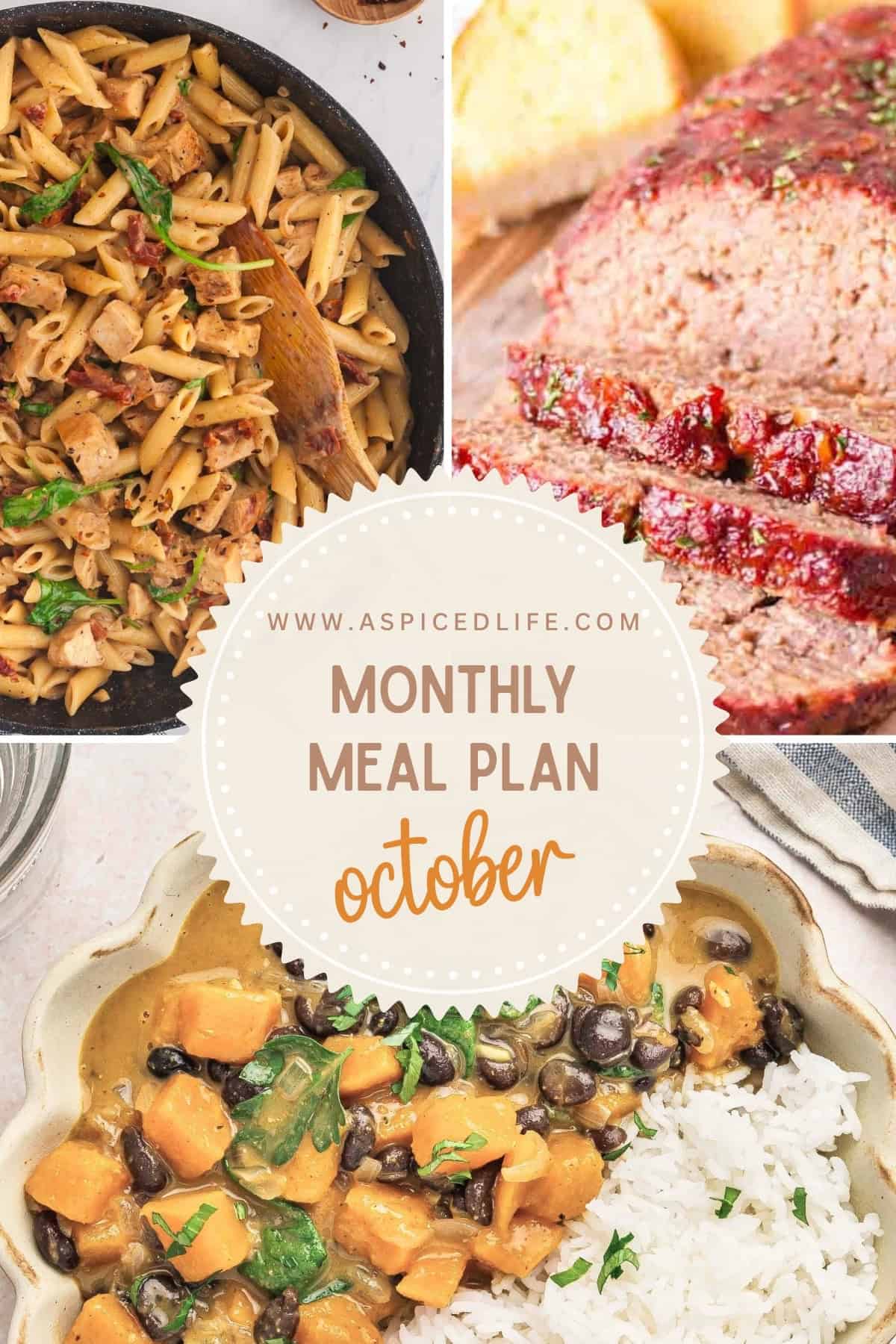 October monthly meal plan collage featuring chicken pasta, meatloaf, and sweet potato black bean curry.