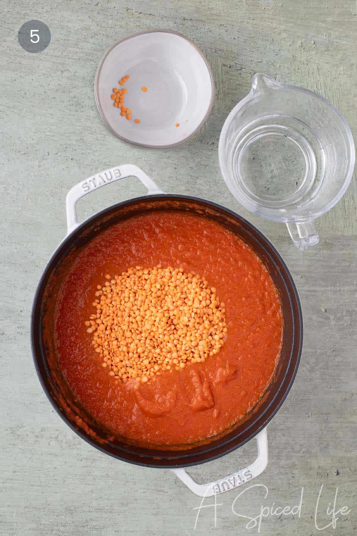 Rinsed red lentils added to the smooth tomato base in a Dutch oven with water ready to be added