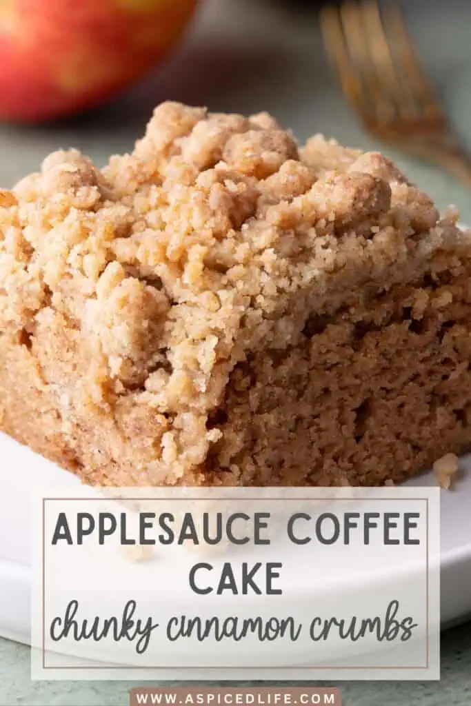 Close-up piece of soft cinnamon apple cake with a thick buttery crumb topping and tender brown spiced interior.