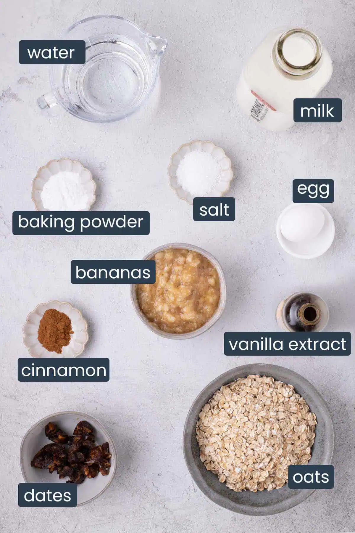 Labeled ingredients for baked banana bread oatmeal: rolled oats, diced dates, mashed banana, milk, egg, water, baking powder, cinnamon, salt, and vanilla.