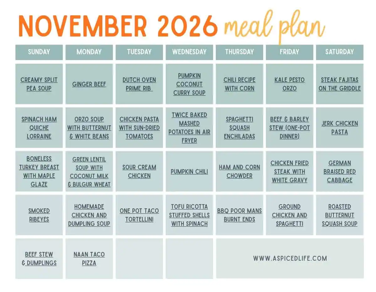 November 2026 family meal plan calendar featuring soups, pasta, roasts, meatless meals, and seasonal side dishes.