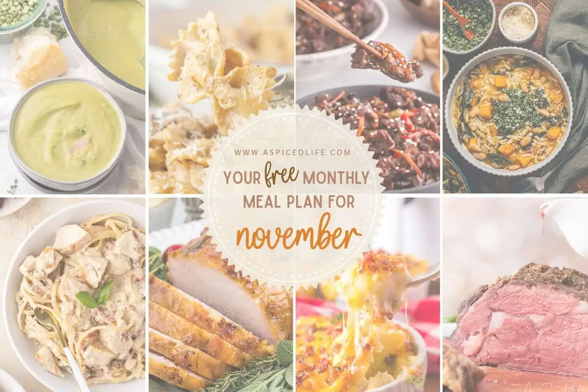 all recipe collage featuring split pea soup, pasta, ginger beef, butternut squash orzo, turkey, potatoes, and prime rib.