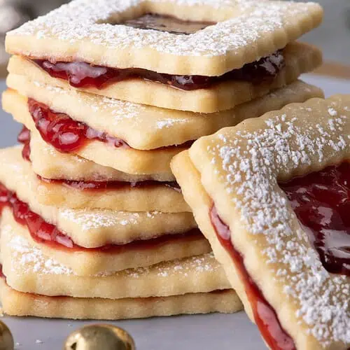 Raspberry jam sandwich cookies dusted with powdered sugar beside a gold jingle bell and blurred holiday greenery.